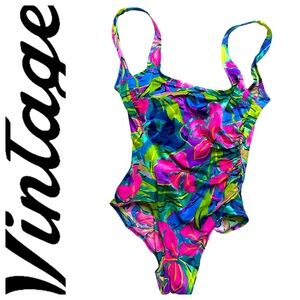 Catalina Vintage One Piece Swimsuit Made In USA Floral Vibrant Colorful Size 12